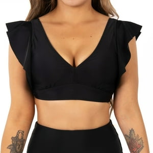 Hipsy - Top Traje De Baño Vuelos Hombros Escote V Negro Xs
