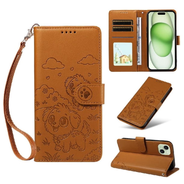 Funda Cartera para iPhone 15 Plus Perro Cachorro Grabado con Tarjetas Soporte Correa Marrón