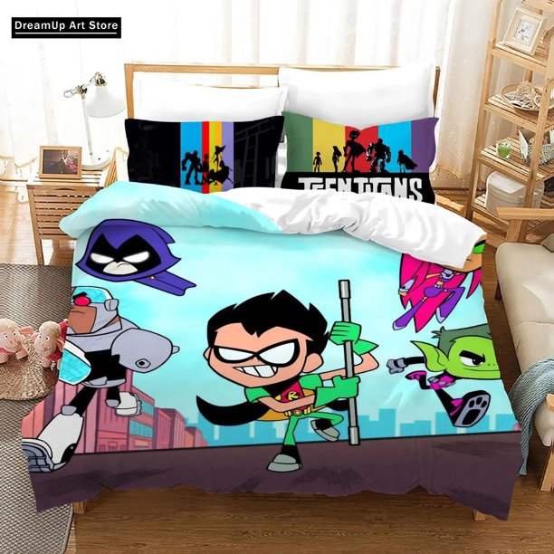 x1203 Bed Sheets Fashion Cartoon Teen Titans Go Bedding Set Boys Girls Twin Full Size Duvet Cover Pillowcase Bed Adult Bedroom 3-Piece Bedding Set (1 Duvet Cover + 2 Pillow Shams) nj1203