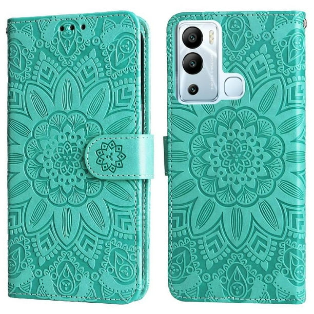 Funda tipo cartera FOXDOCK para Infinix Hot 12i , diseño girasol en relieve, cuero PU, cierre magnético, soporte y tarjetero