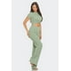 thumbnail image 3 of Saronite Conjunto de Top de Manga Corta y Pantalón Largo Acampanado con Cuello Redondo, Detalle Torcido y Canalé Jaspeado, Verde (para Mujer), 3 of 5