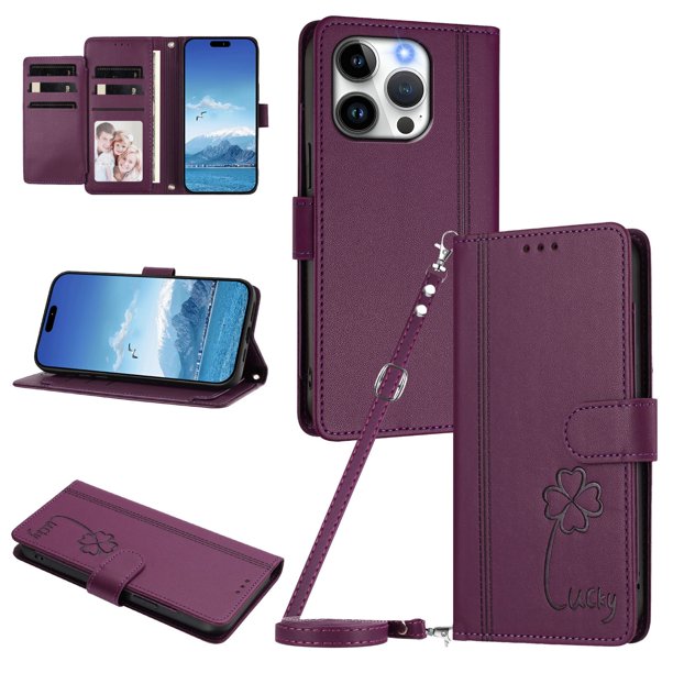 Funda Cartera Trébol para iPhone 16 Pro Max con Ranuras Tarjetas y Carga Inalámbrica Violeta