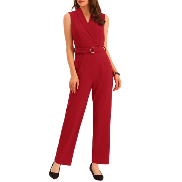 INSPIRE CHIC Mono Corto con Cuello Chal sin Mangas para Mujer, Atuendo de Maestra para Regreso a Clases, Oficina con Cinturón, Talla XS, Rojo