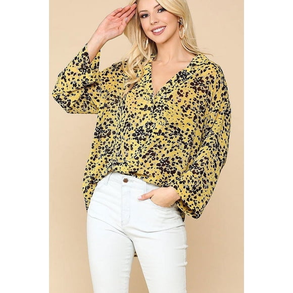 Camisa Ccwholesalesclothings Estampado Animal Botones Cuello Solapa Bolsillo Pecho