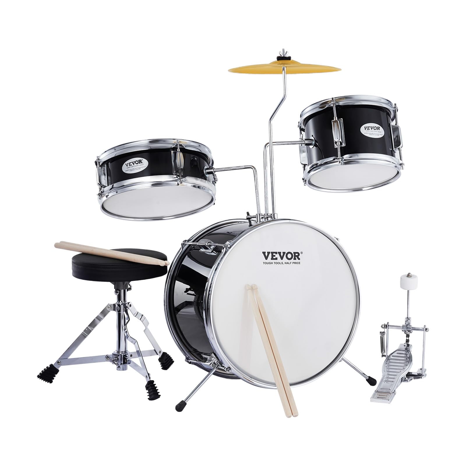 Set De Batería Vevor Kids De 3 Piezas Para Principiantes Con Baquetas En Forma De Trono, Color Negro