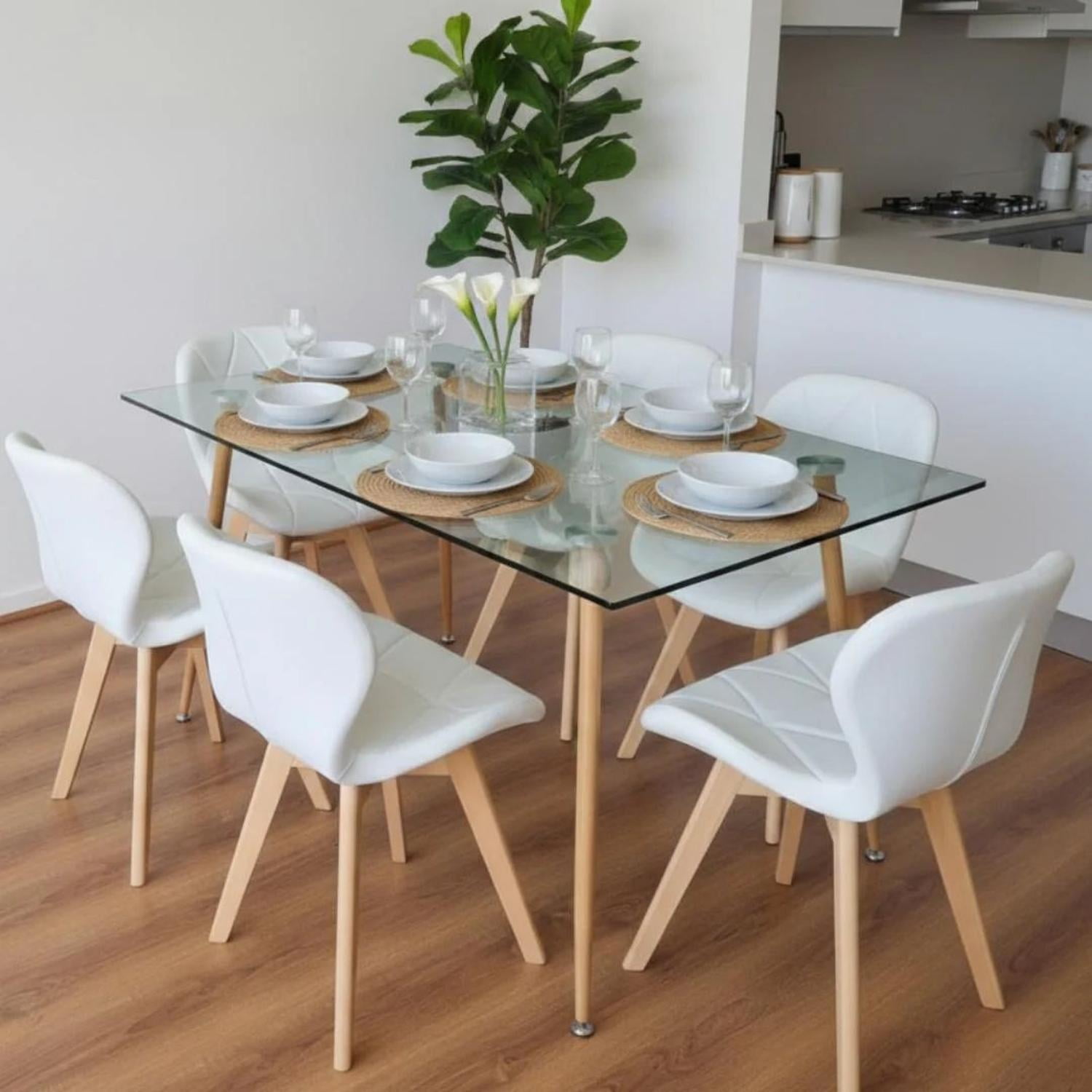 Pandalino - Comedor Mesa Vitreo 120x80 + 6 Sillón Rubik Blanco