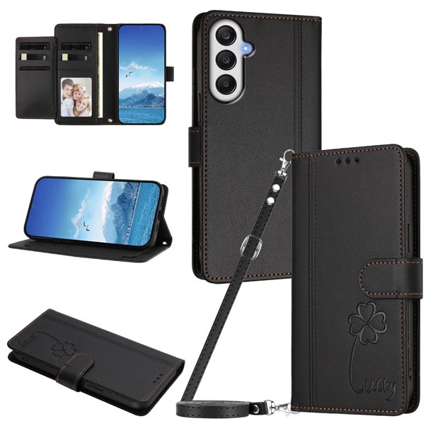 Funda Cartera Trébol para Samsung Galaxy A05s con Ranuras Tarjetas y Carga Inalámbrica Negro
