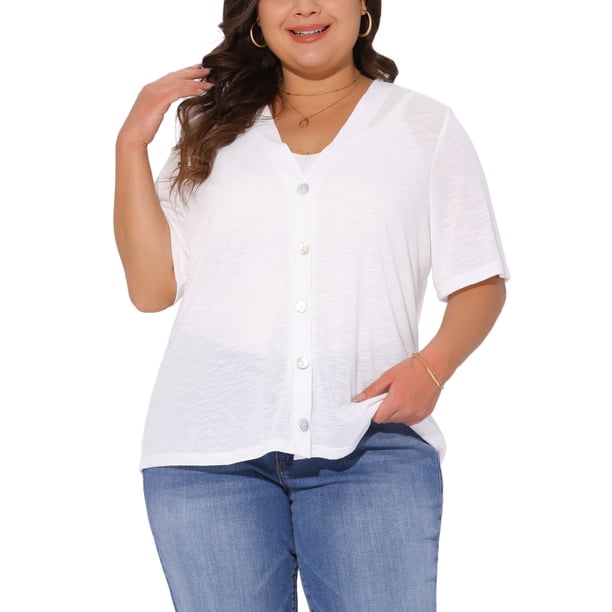 Agnes Orinda Cárdigan de Talla Grande para Mujeres con Botones, Cuello Redondo Transparente, Manga Corta, Suéter de Punto 2X Blanco