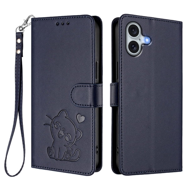 Funda Billetera con Relieve de Gato para iPhone 16 Plus, Azul
