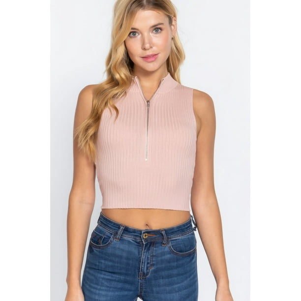 Saronite Suéter Corto Básico de Punto Acanalado con Cuello Alto y Cierre Frontal, Color Rosa Nube (para Mujer)