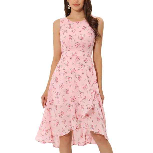 INSPIRE CHIC Vestido Midi Sin Mangas con Estampado Floral de Halloween para Mujer con Volante en el Bajo Rosa XS