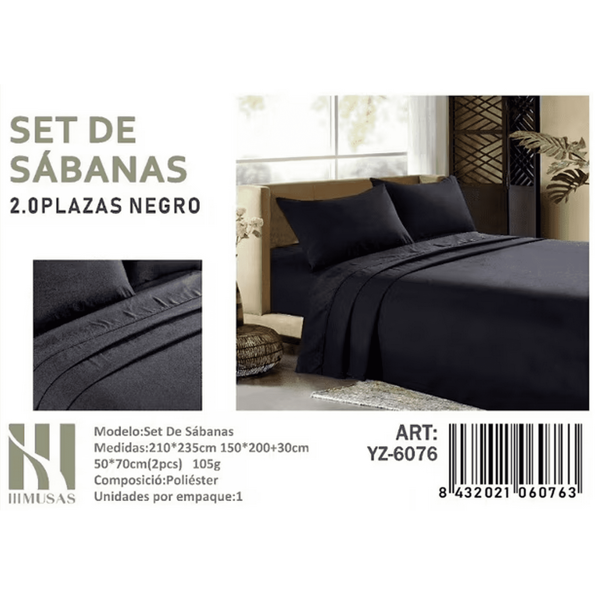 Todostore - Set De Sabanas 2 Plazas Color Negro 200 Hilos + 2 Funda De Almohada