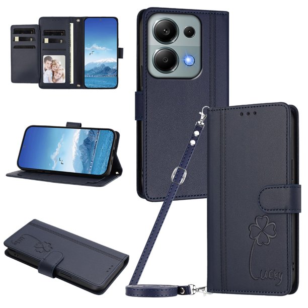 Funda Cartera Trébol para Xiaomi Redmi Note 13 Pro 4G con Ranuras Tarjetas y Carga Inalámbrica Azul oscuro