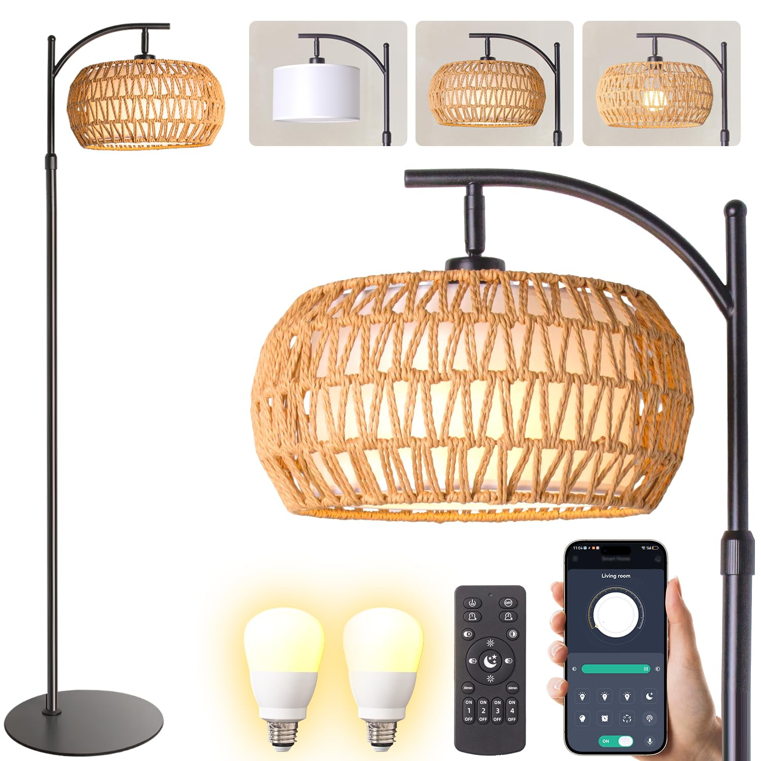 Lámpara De Pie Drawncat Boho De Ratán, Altura 64.9-72.8" , 12 W Led
