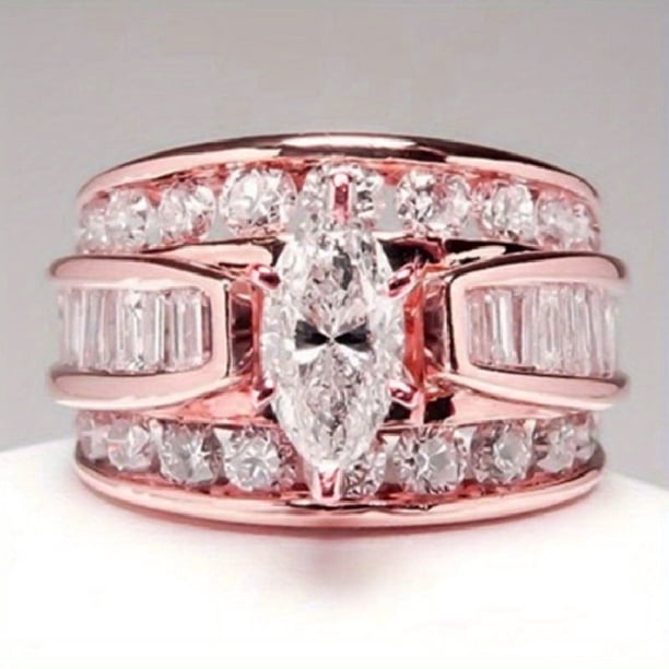 Stunning Golden Three Row White Zircon Engagement Ring for Women - Perfect for Weddings and Special Occasions