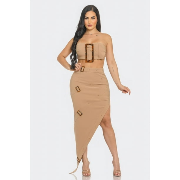 Conjunto De Top Corto Sin Tirantes Con Cinturón Hebilla Y Cremallera En La Parte Posterior Con Ojales Delanteros Y Falda Larga Con Abertura Lateral Negro (para Mujer)