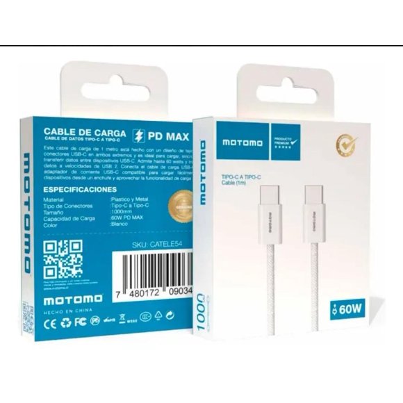Cable PD-Max 60W Tipo C a Tipo C Trenzado Blanco