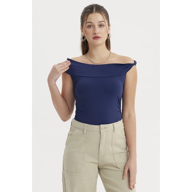 Polera Mujer Bardot Aplicación Nudo Azul Oscuro