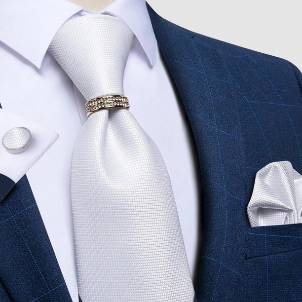Corbata Hombre Seda En Caja + Anillo Dorado, Paño Y Colleras blanco Talla Única