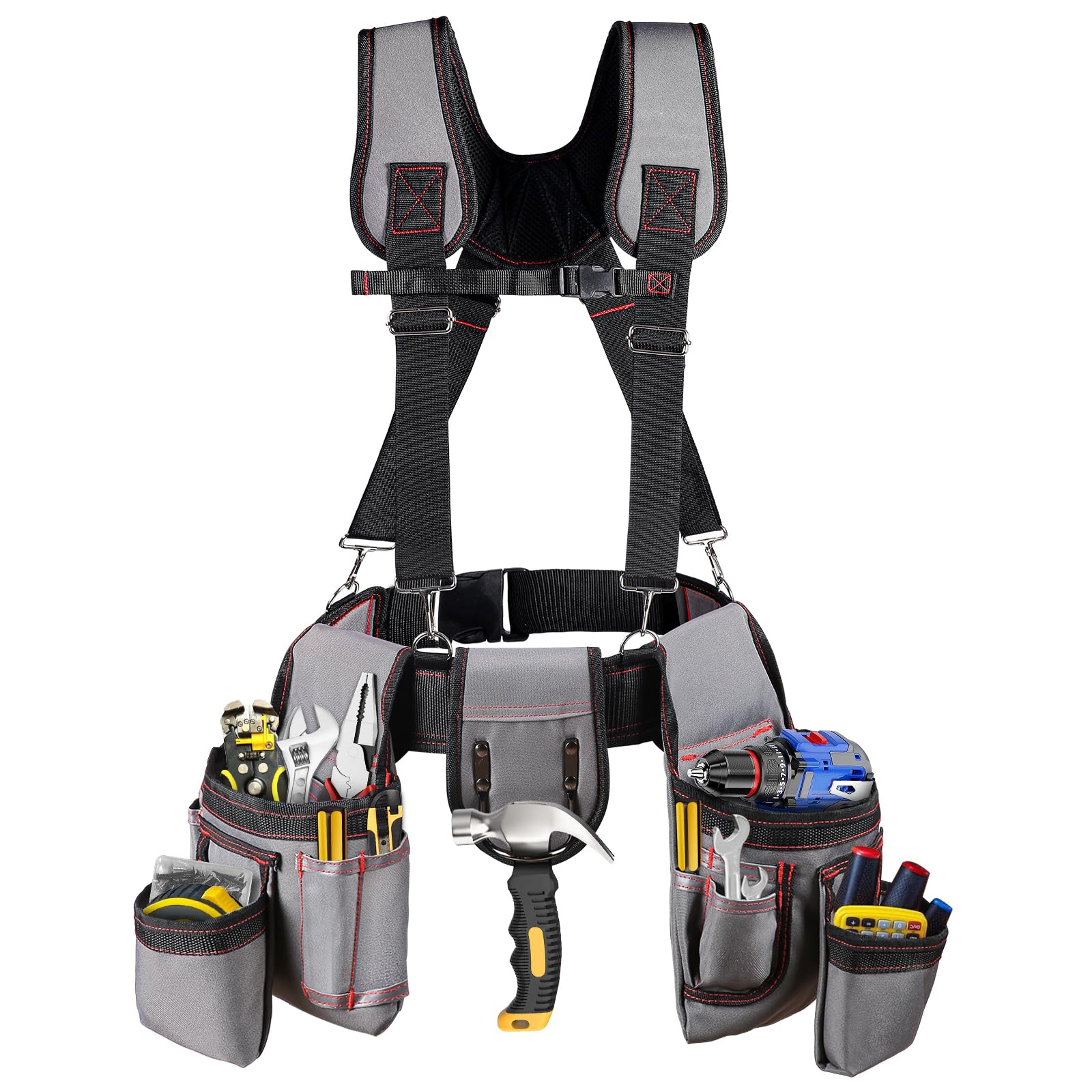 Cinturón Para Herramientas Zmgm Con Tirantes 22 Bolsillos Gris Pesado