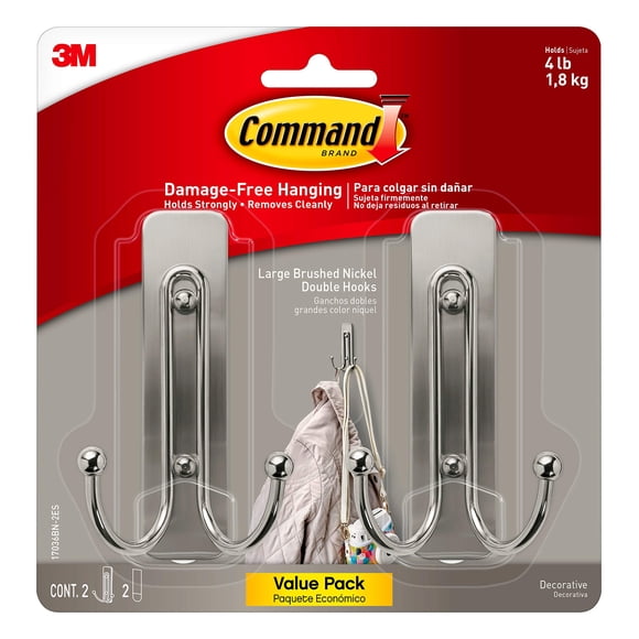 Wall Hooks Command, 2 ganchos dobles grandes de níquel cepillado