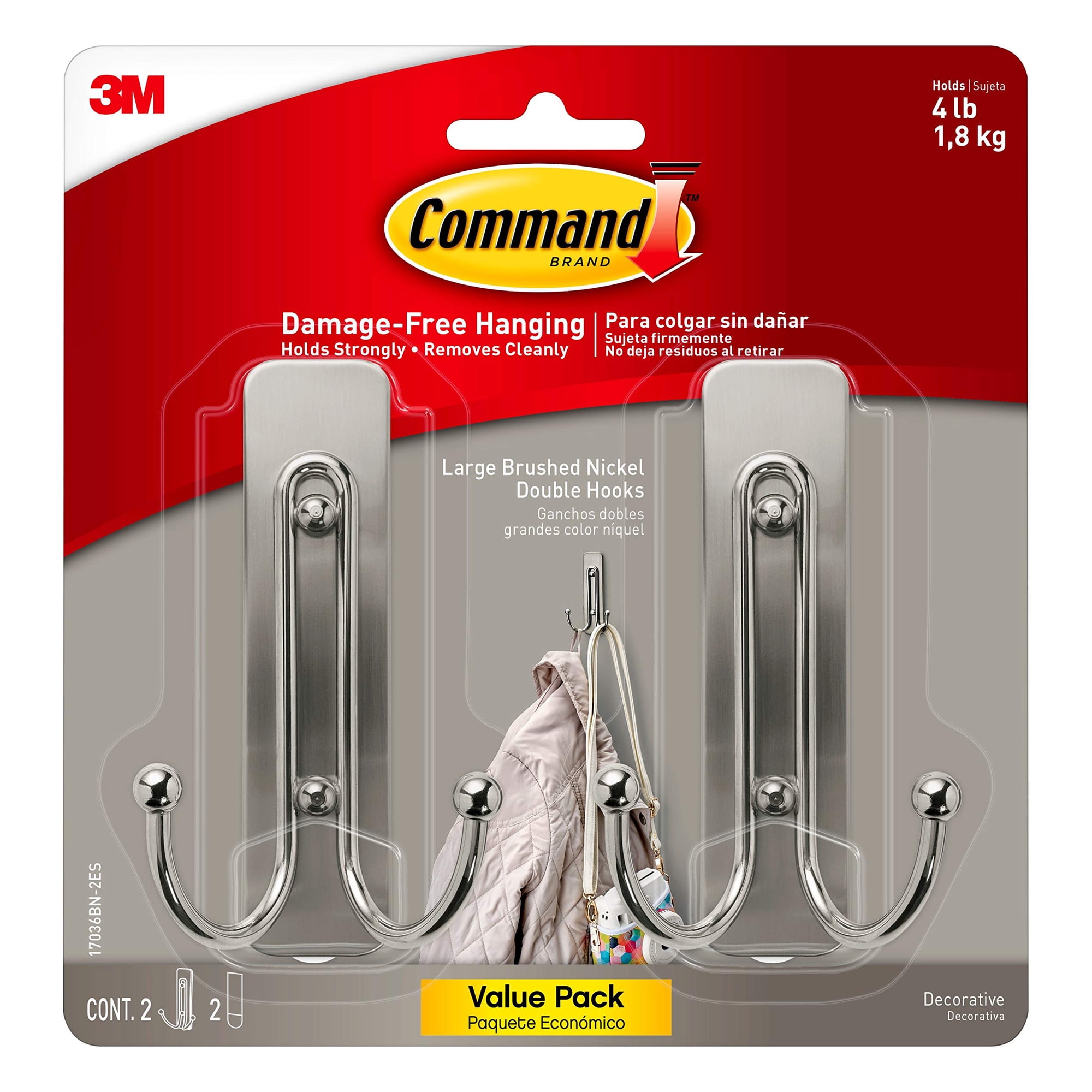 Wall Hooks Command, 2 Ganchos Dobles Grandes De Níquel Cepillado