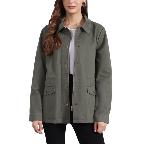 INSPIRE CHIC Chaquetas utilitarias para mujeres de regreso a clases con cintura de cordón, bolsillos con solapa, cremallera y botones Gris XL