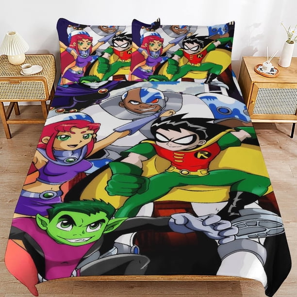 Teen Titans Go Cartoon Bedding Sets Ultra Soft Skin-Friendly Duvet Cover 3 Piece, Cute Comforter Cover Bed Set for Boys Girls Kids