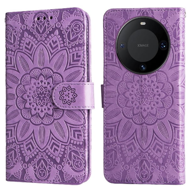 Funda tipo cartera FOXDOCK para Huawei Mate 60 Pro , diseño girasol en relieve, cuero PU, cierre magnético, soporte y tarjetero