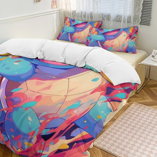 Squirtle Bed Duvet Cover Funny Anime Cartoon Bedding Sets Lightweight 3 Piece Comforter Sets