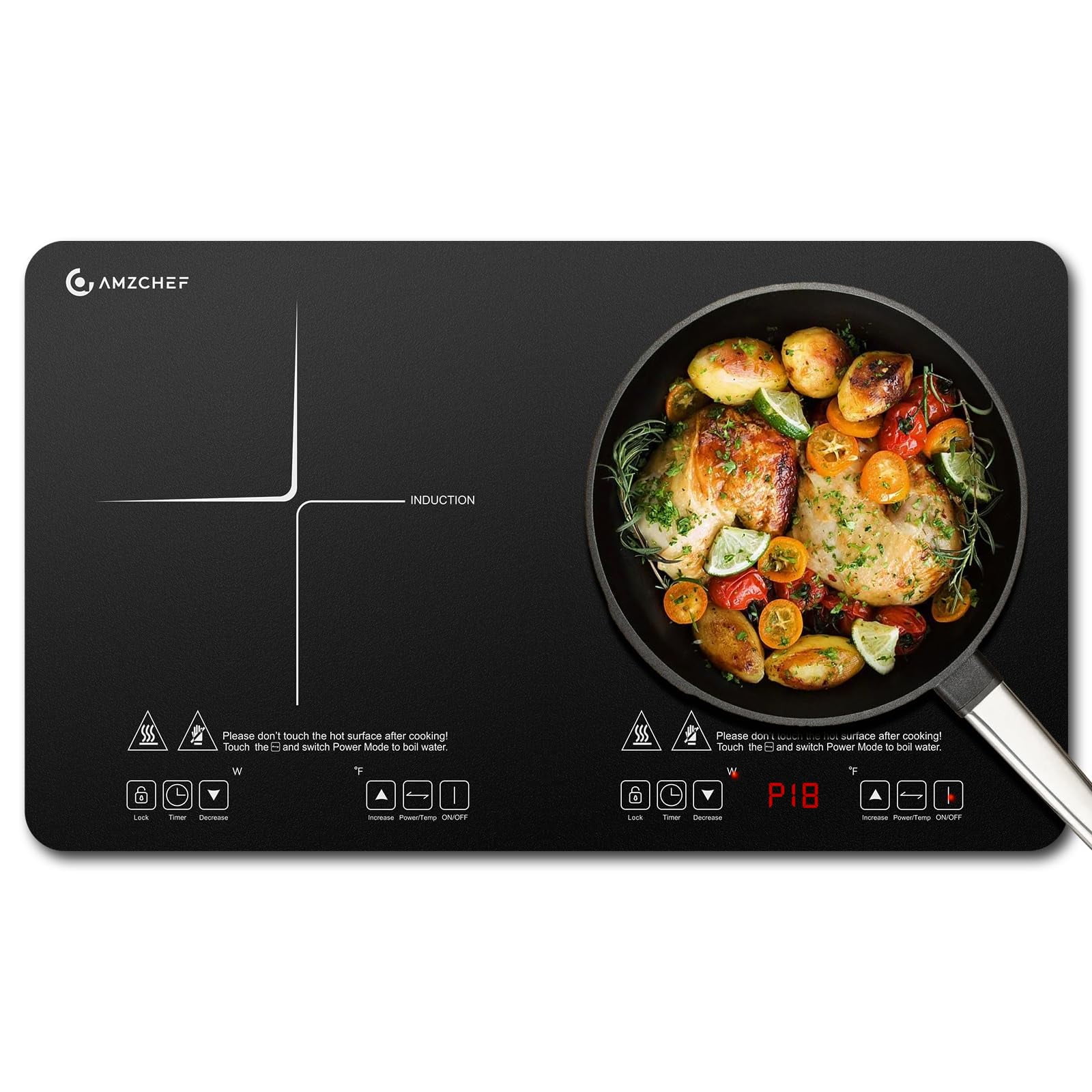 Estufa De Inducción Amzchef Portátil Con 2 Quemadores, 1800 W, Certificación Etl
