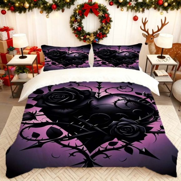 Black Heart-Shaped Thorn Rose Printed Duvet Cover Set Includes a Duvet Cover And Two Pillowcases Soft And Comfortable Perfect for Use in Family Bedrooms And Gue