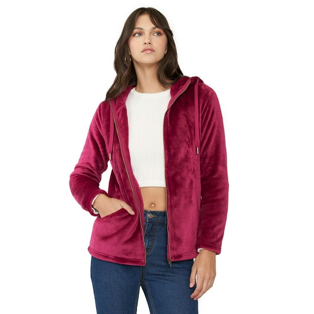 Polerón Mujer Peludo Full Zipper Burdeo Corona