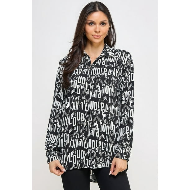Elegante Túnica De Satén Con Estampado Manga Larga Botones Al Frente Color Blanco Y Negro (para Mujer)