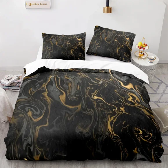 x1617 Bed SheetsBlack Gold Metallic Marble Duvet Cover Set Full/Twin Size Foil Print Glitter Bedding Set for Teen Boy Girls Men Women 3-Piece Bedding Set (1 Duvet Cover + 2 Pillow Shams) nj1617