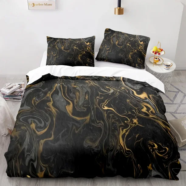 x1617 Bed SheetsBlack Gold Metallic Marble Duvet Cover Set Full/Twin Size Foil Print Glitter Bedding Set for Teen Boy Girls Men Women 3-Piece Bedding Set (1 Duvet Cover + 2 Pillow Shams) nj1617