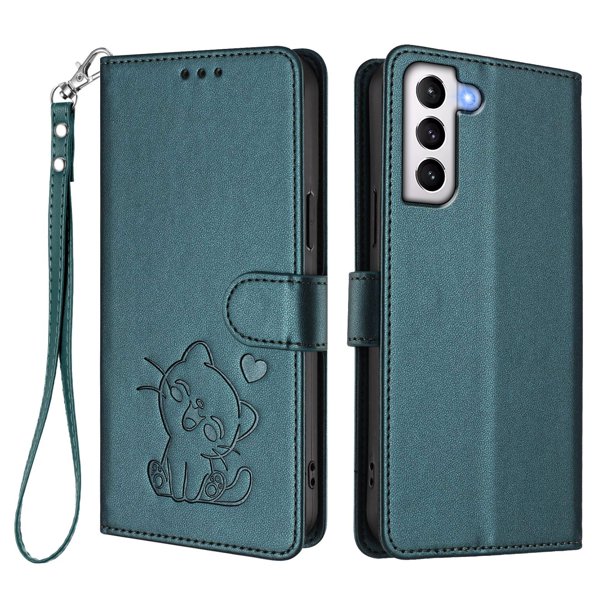 Funda Volteable con Diseño de Gato para Samsung Galaxy S21 Plus, Verde Oscuro