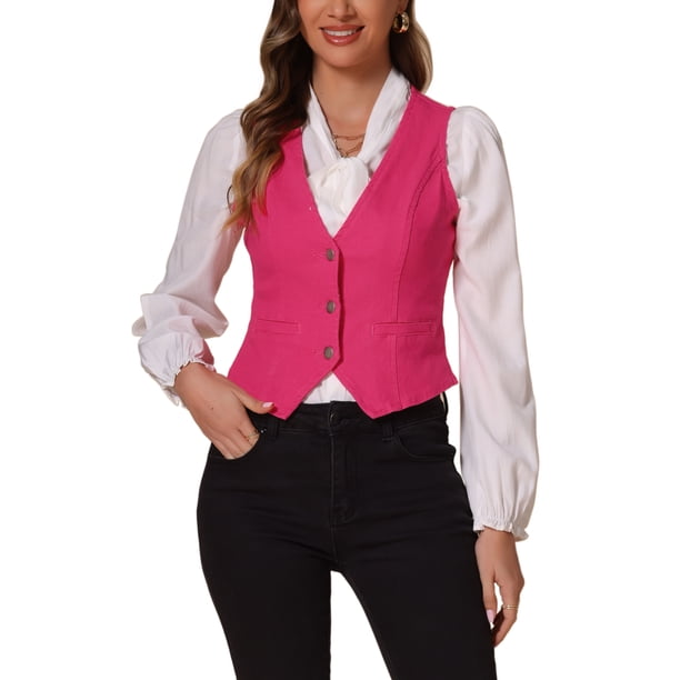 INSPIRE CHIC Chaleco de Mezclilla para Mujer Cuello en V con Botones Chaleco Casual de Jean sin Mangas XL Rosa Fucsia