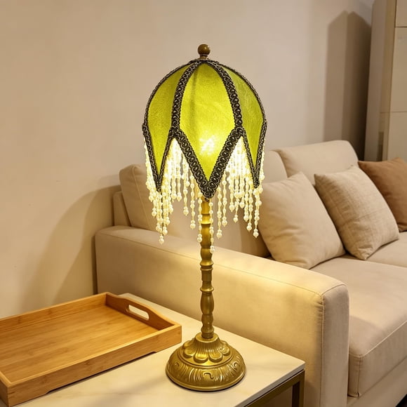 Lámpara de mesa WELAISA 58 cm, pantalla verde y dorada con cuentas