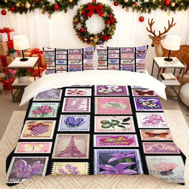 Stamp Theme Collage Print Quilt Cover Set Bedding Quilt Cover Pillowcase Set Soft Comfortable Suitable for Home And Bedroom Guest R