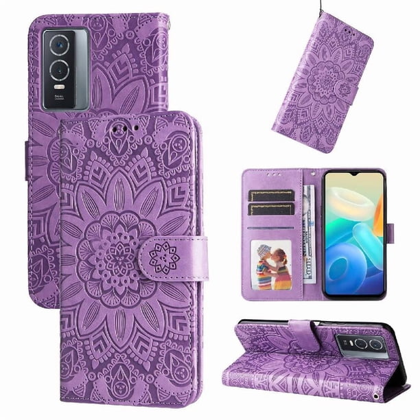 Funda tipo cartera FOXDOCK para Vivo Y76s , diseño girasol en relieve, cuero PU, cierre magnético, soporte y tarjetero