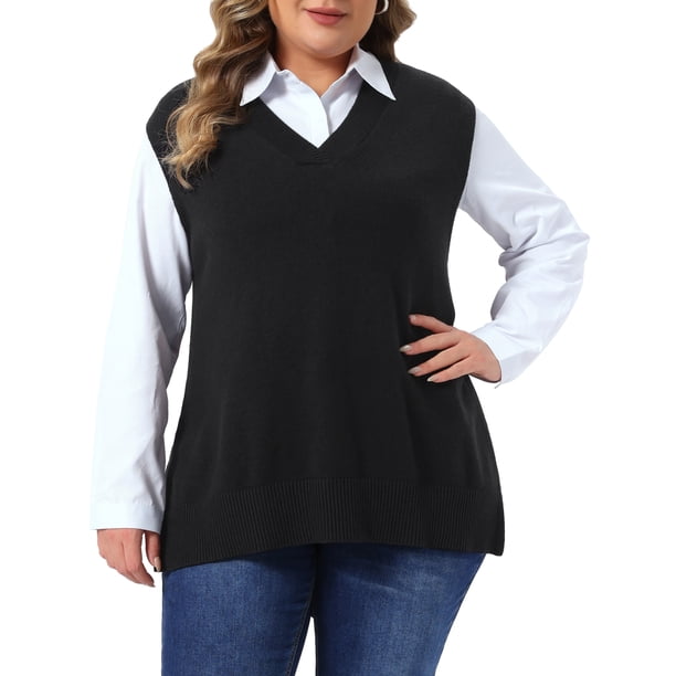Agnes Orinda Chaleco de Punto sin Mangas con Cuello en V para Mujer de Talla Grande, Abertura Lateral, Casual, 4X Negro