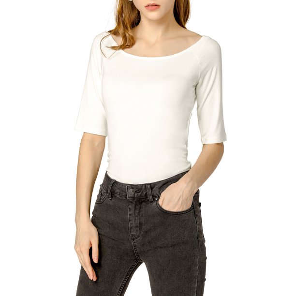 INSPIRE CHIC Camisetas de Mujer para Regreso a Clases con Cuello de Barco, Mangas Medias, Ajustadas, Suaves, Talla XL, Beige