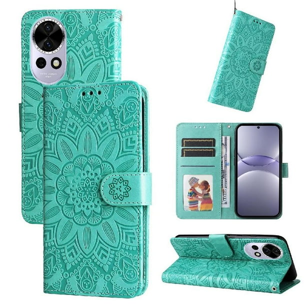 Funda tipo cartera FOXDOCK para Huawei Nova 14 , diseño girasol en relieve, cuero PU, cierre magnético, soporte y tarjetero