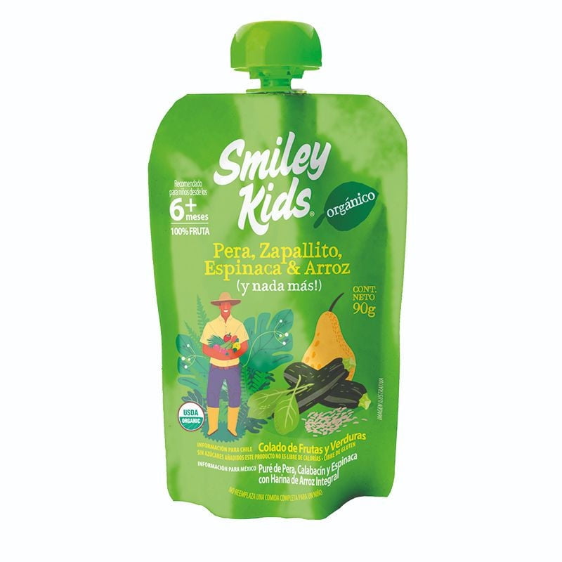 Colado Orgánico Pera Zapallito Espinaca Arroz Gluten Free 90 gr Smiley Kids