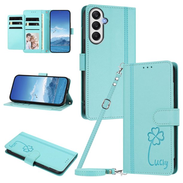 Funda Cartera Trébol para Samsung Galaxy A05s con Ranuras Tarjetas y Carga Inalámbrica Verde menta