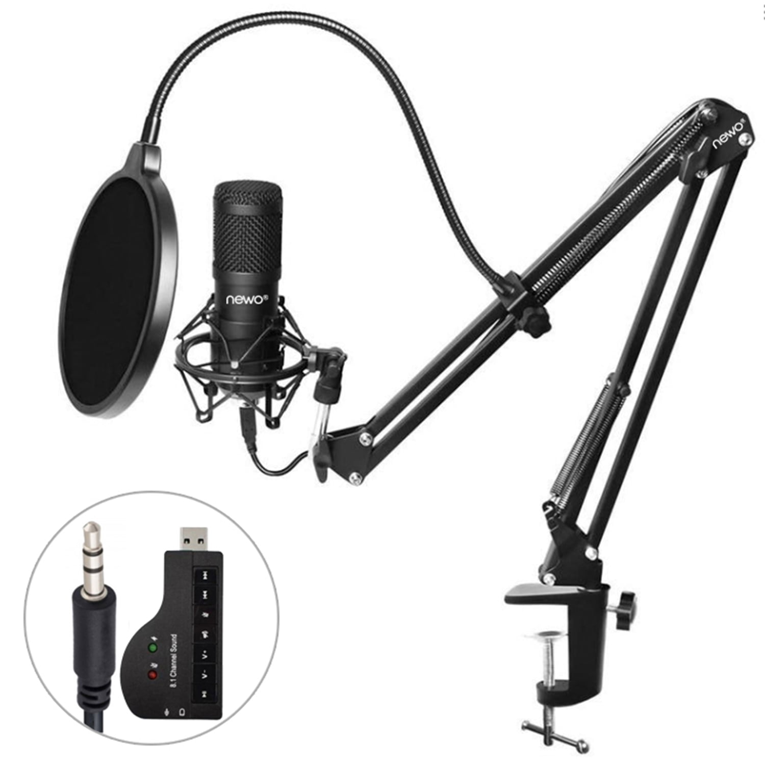 Newo - Kit Micrófono Atril Tarjeta Sonido Usb Auxiliar Mute Nw-800ks