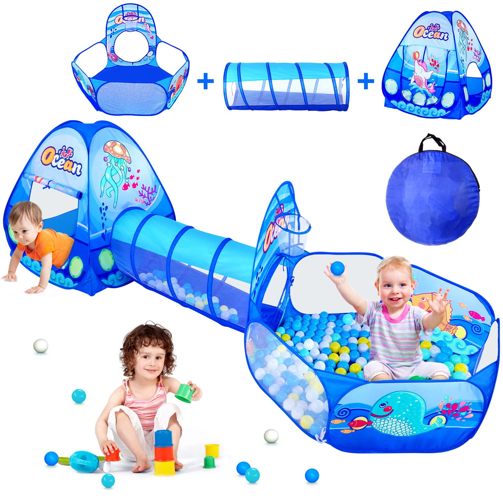 Tienda De Campaña Pigpigpen 3 Para Niños Con Túnel, Piscina De Bolas Y Aro