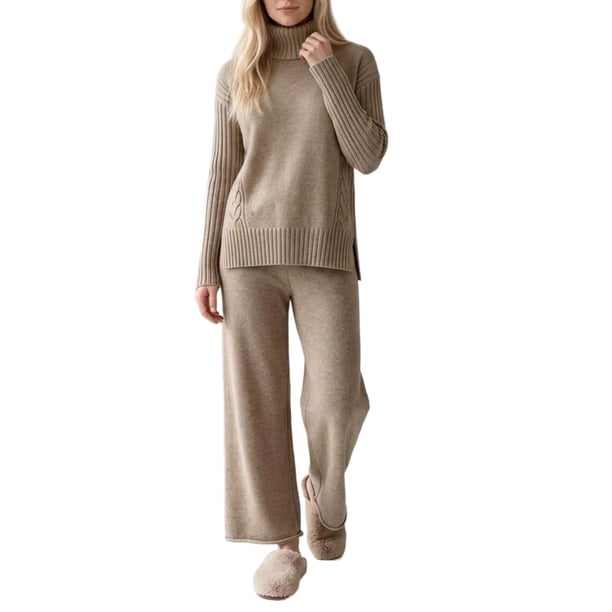 INSPIRE CHIC Conjunto de Suéter de Punto de Cable de 2 Piezas para Mujer Cuello Alto Hombro Caído Manga Larga Ajustable Mediano Avena