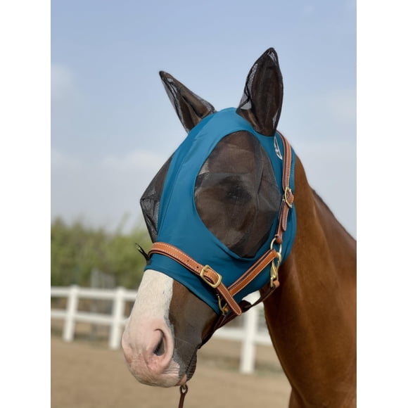 Máscara antimoscas para caballo TGW RIDING Super Comfort con orejas, verde oscuro, talla M